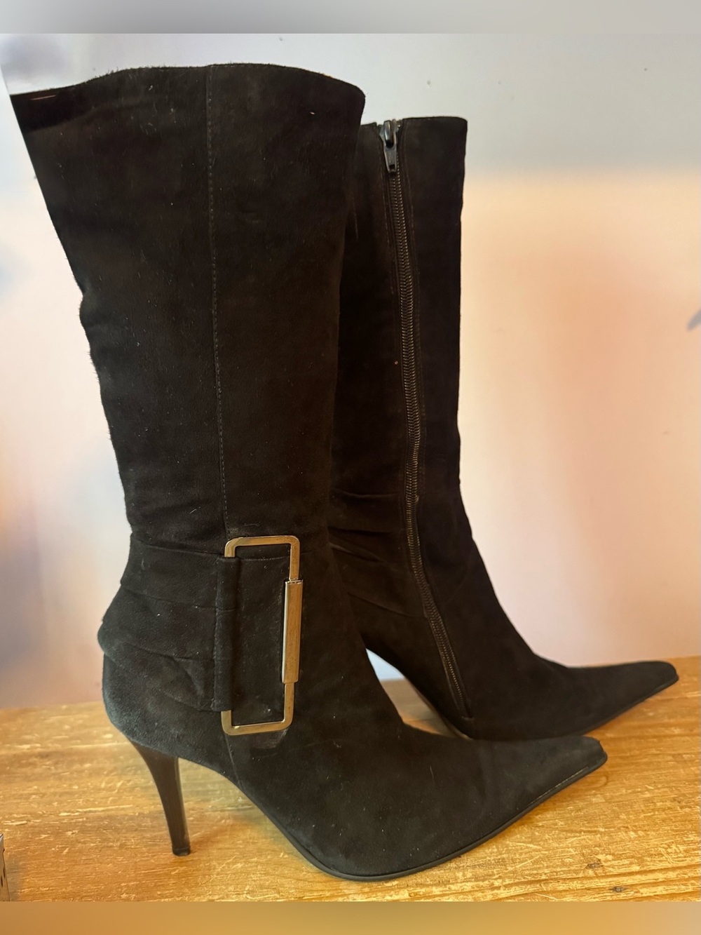 Women's Black Suede Pointed-Toe Mid-Calf 15” Steve Madden suede Boots size 8